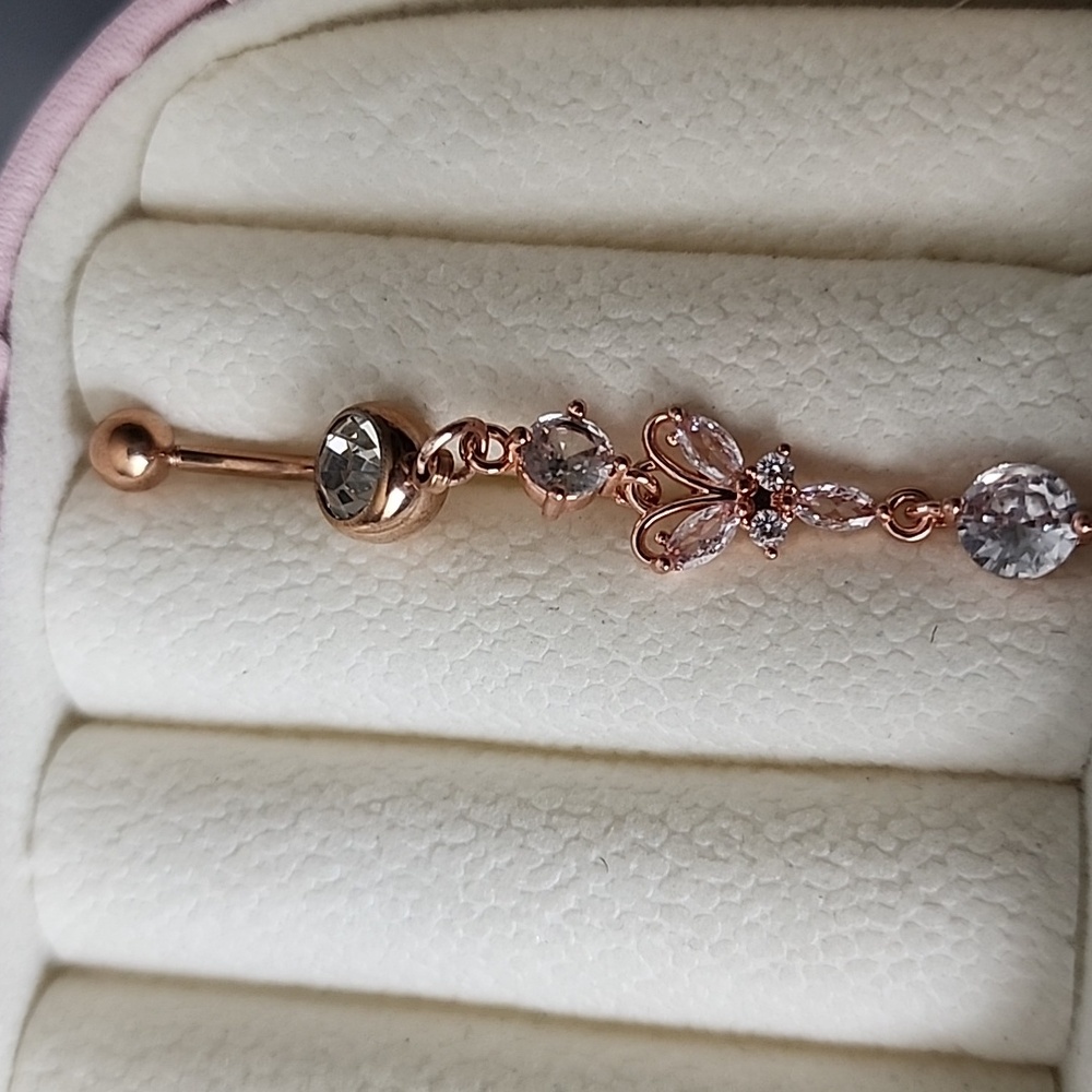 14 G SURGICAL STEEL DANGLE   BELLY BUTTON Simulated Diamond ROSE GOLD